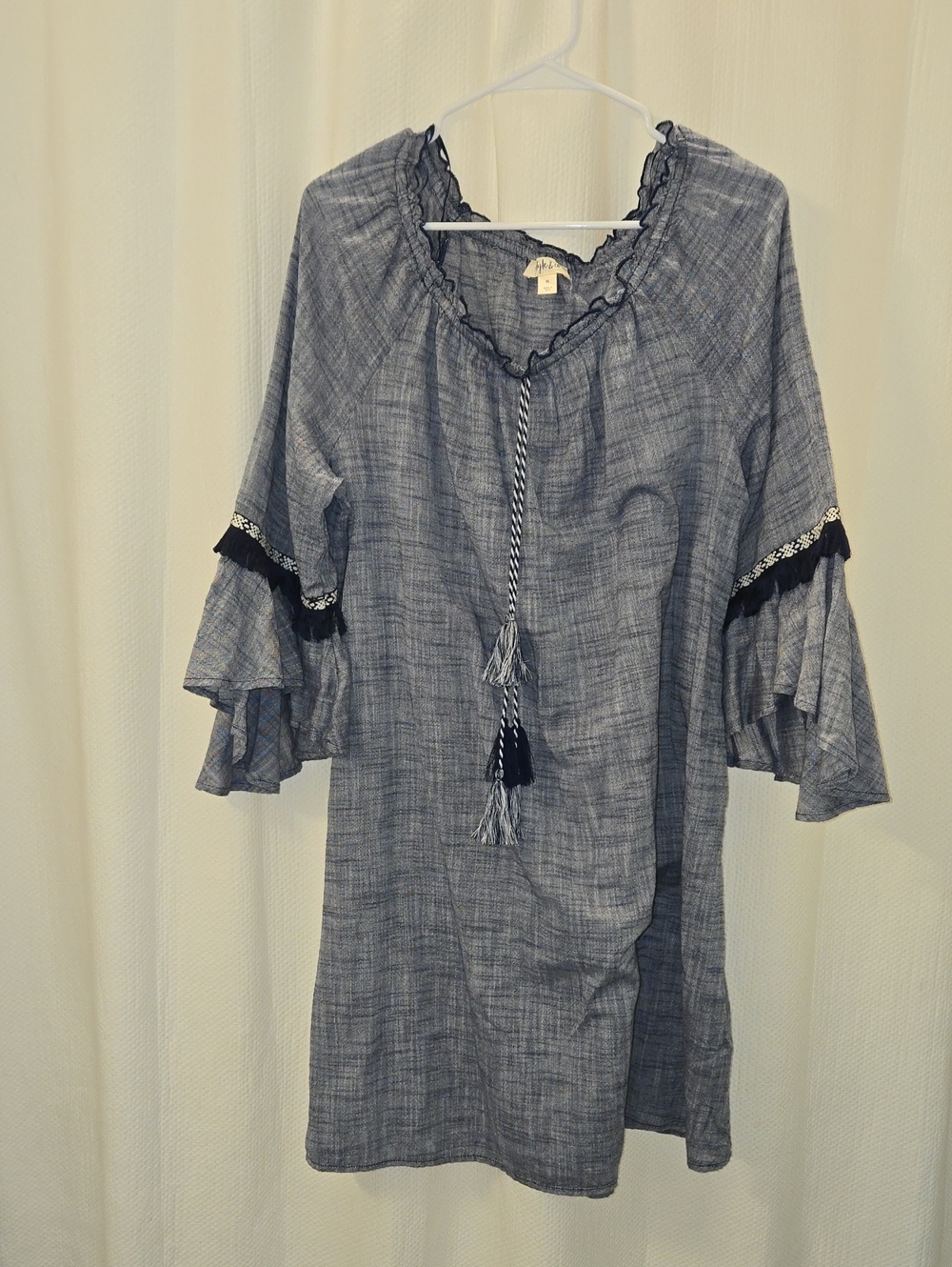 Style & Co. 100% Cotton Blue Tassel Ruffle Neck Long-Sleeve Tunic Dress